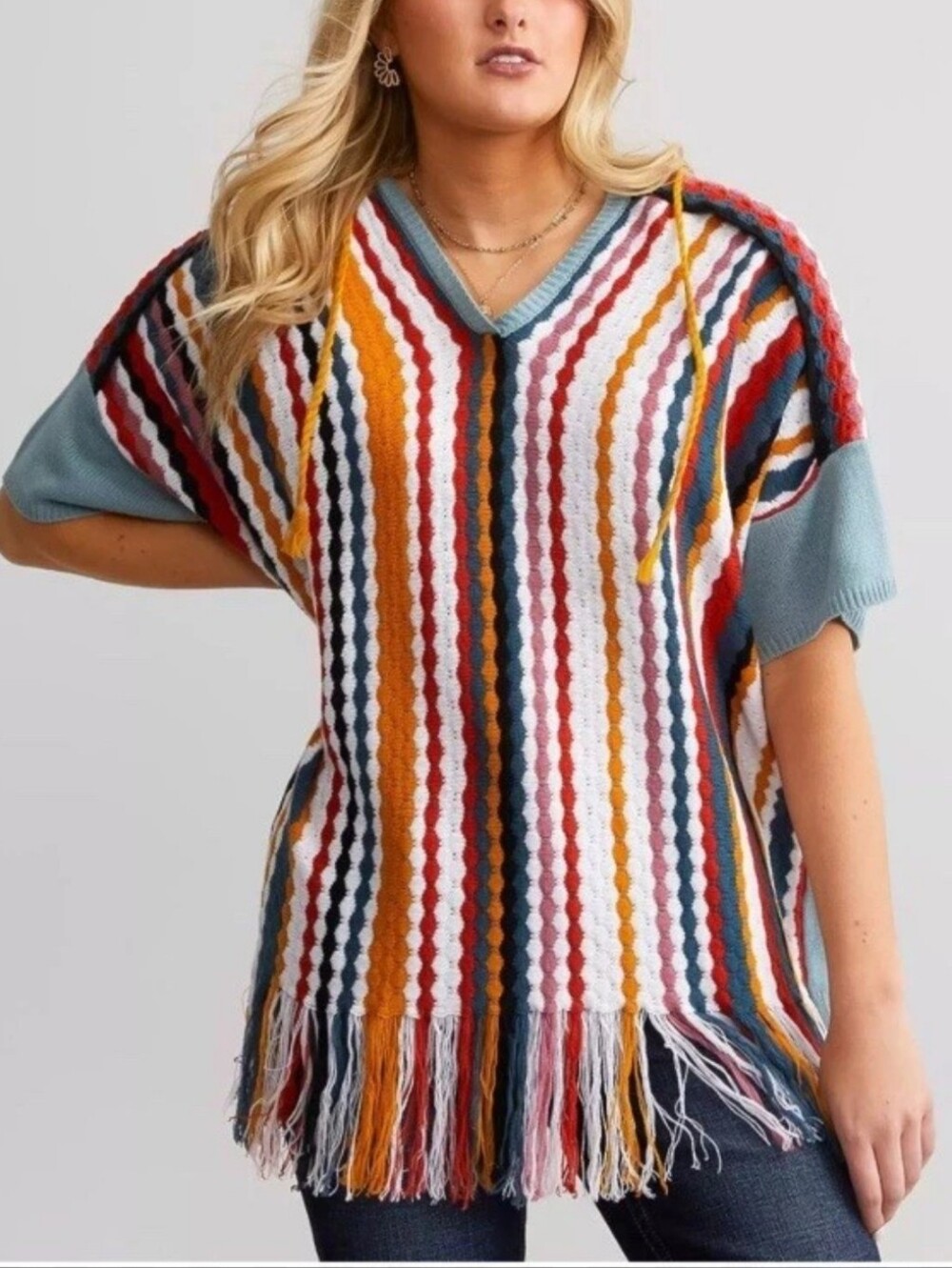 Gimmicks, Fall, Cozy Striped Fringe Multicolor, V-Neck Women’s Sweater Sz M